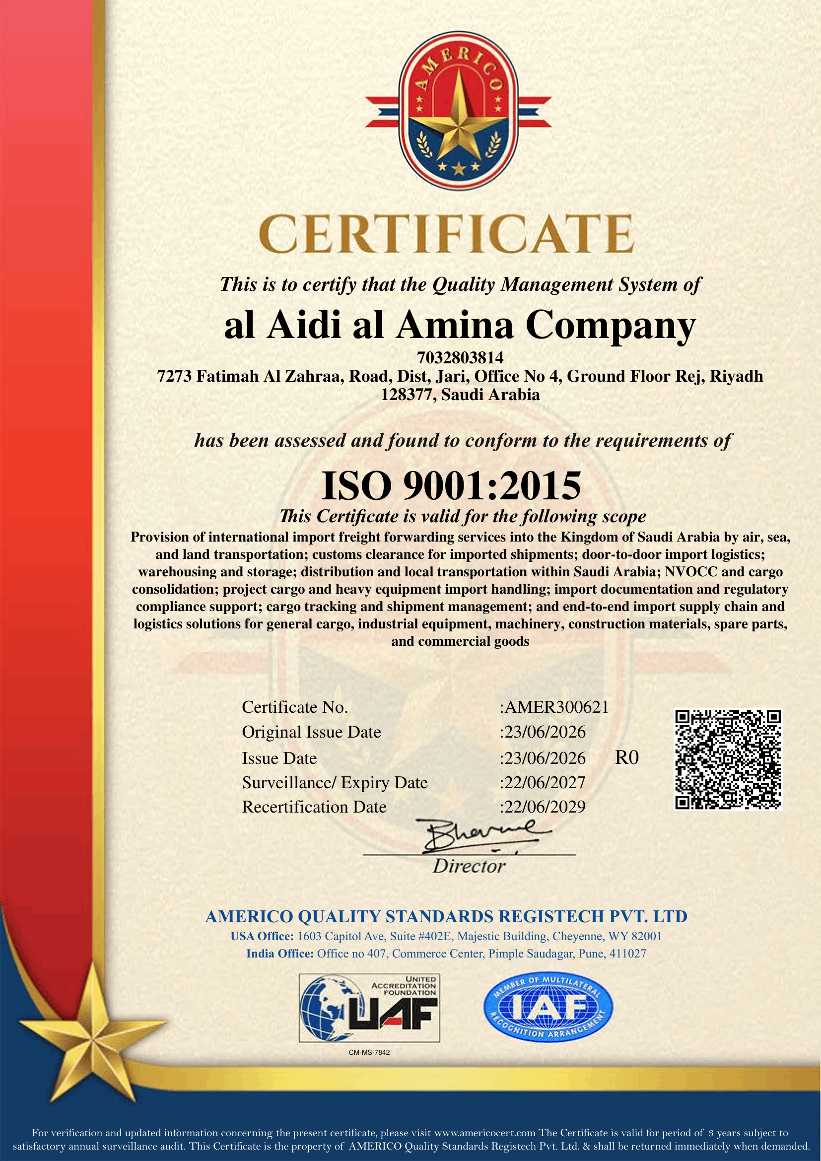 ISO 9001:2015 Quality Management Certificate